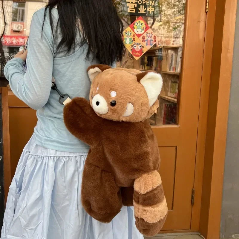 Cartoon Little Brown Raccoon Plush Curve Back Zipper Polyester Backpacks/Soft Straps-Handle/Colors-Animal