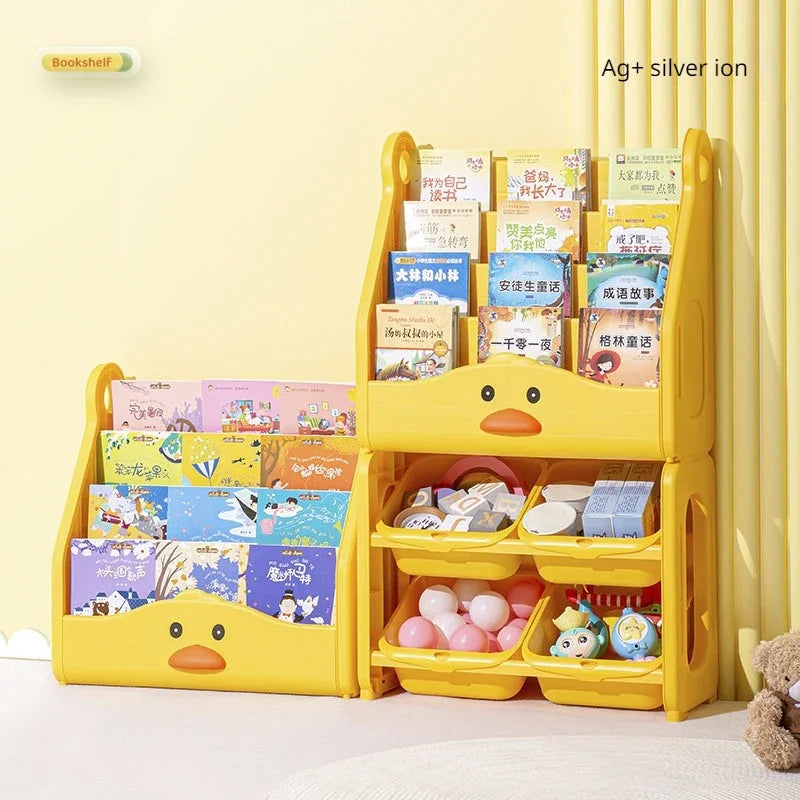 Toddler-Size Yellow Solid Plastic Duck Animal Face Design Free-Standing 4-Deep Storage Shelves-4 Storage Bins Bookshelf
