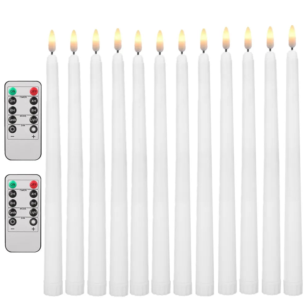 6-24 PCS Set LED White Realistic Round Cylindrical Plastic Flameless Flickering Tall Tapered Handheld Electric Window Candles/Battery: 2-AAA ( Not Included )/ Automatic Timer/1-4 PCS Remote Control
