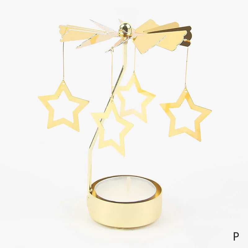 Gold Stainless Steel Metal Rotating Carousel Deer-Snowflake Small Tealight Candleholders