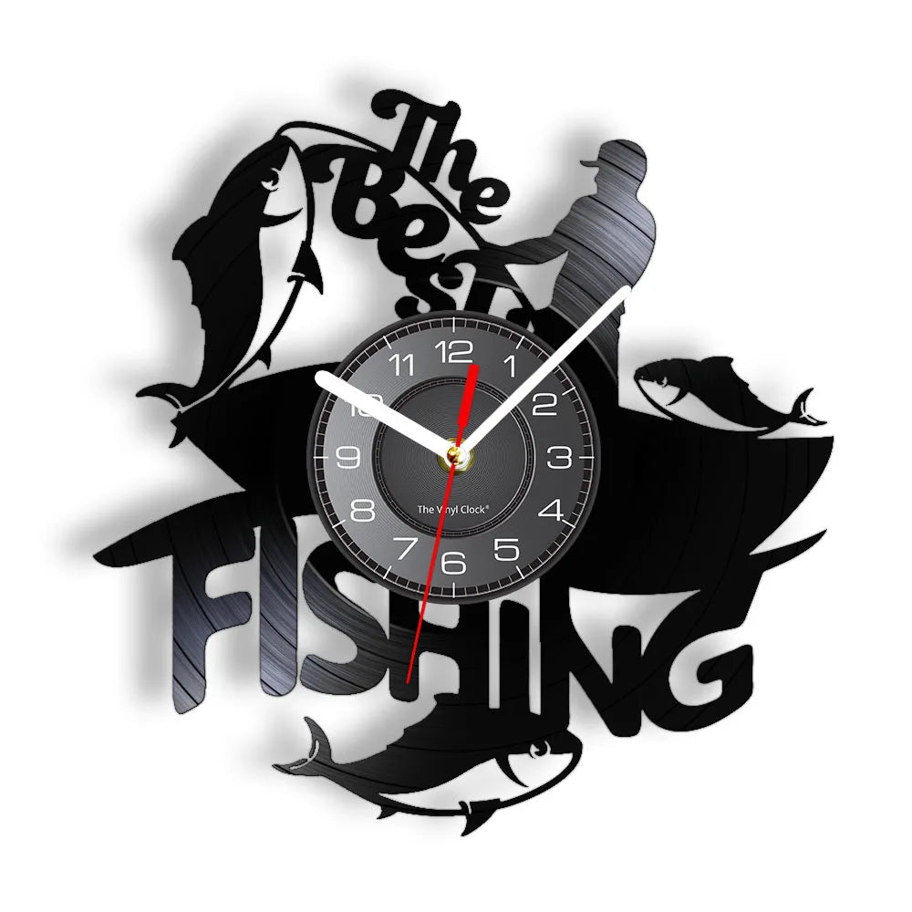Retro Handmade Plastic Vinyl Record Gone Fishing Silhouette Of Fisherman Catching A Fish With Rod-N-Reel Wall Clocks/Battery Not Included/ 1 AA Battery Size/With-Without LED Light/Colors-Black/Geometric
