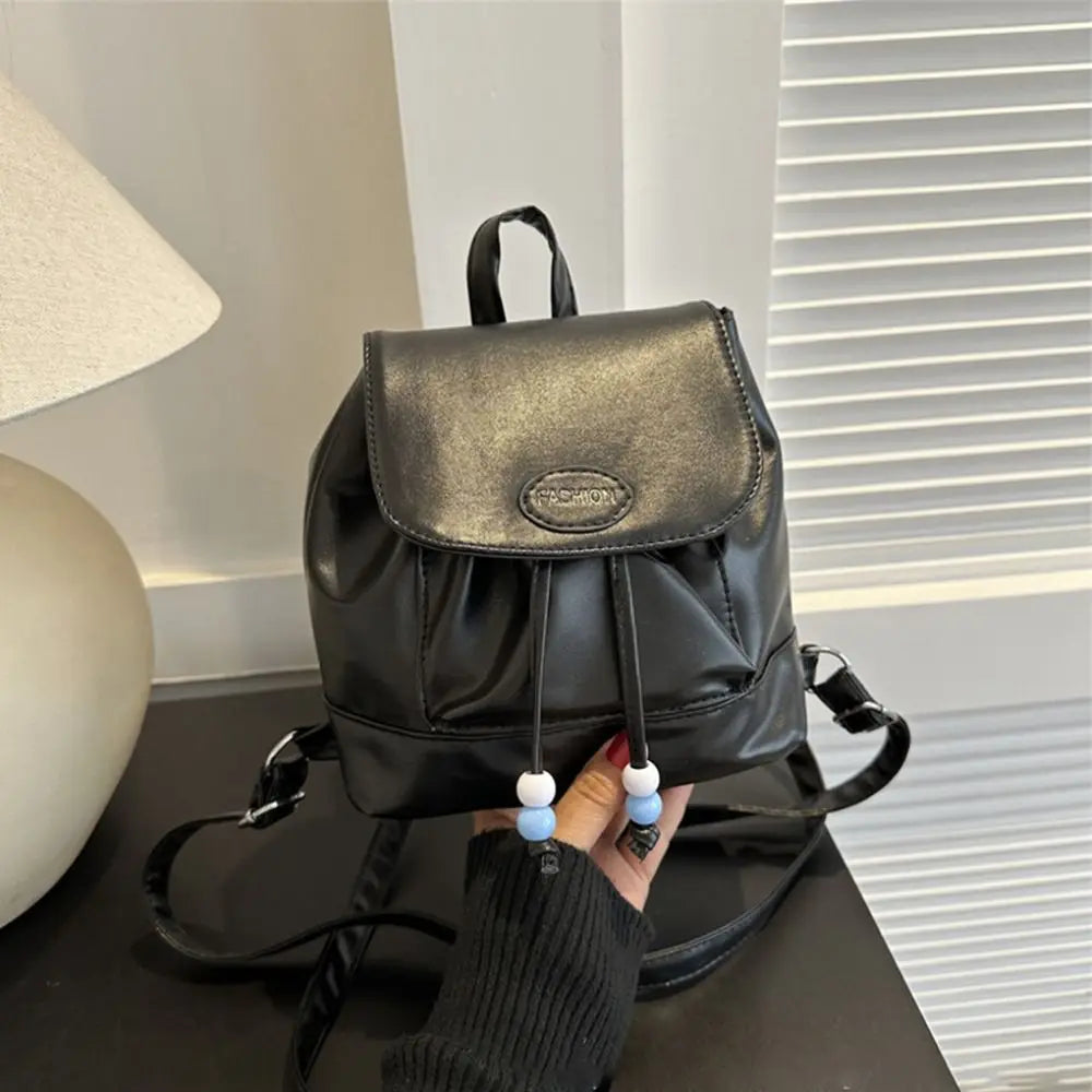 Women Small Retro Faux Leather Handheld Handle Soft Zipper Backpacks/Exterior Flap Pocket/Shoulder Straps/Interior Drawstring/Colors-Silver/Black/Brown/White