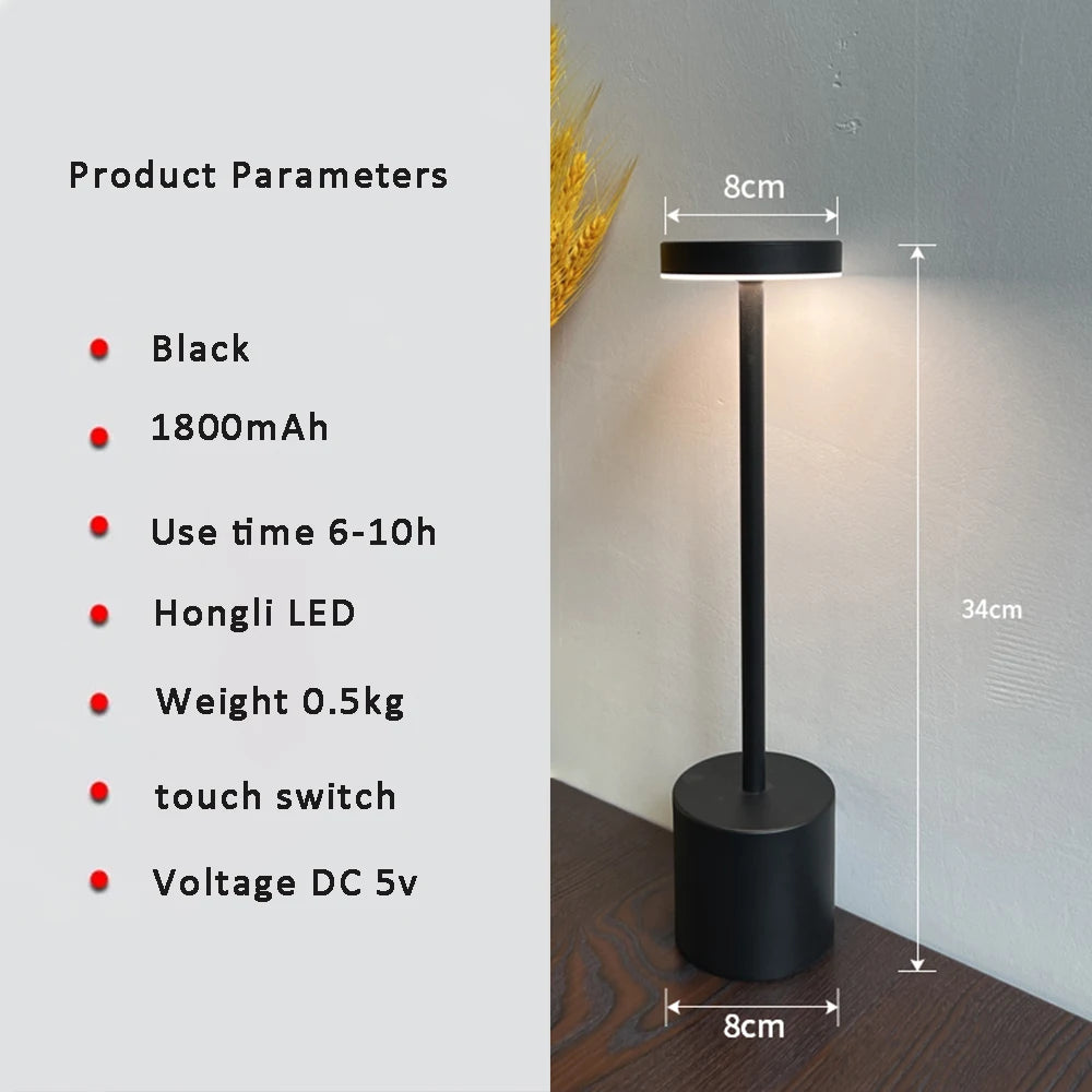 Retro Black Aluminum Iron Warm LED 3 Color Rechargeable Touch Dimming Round Cylindrical Cord Table Lamps