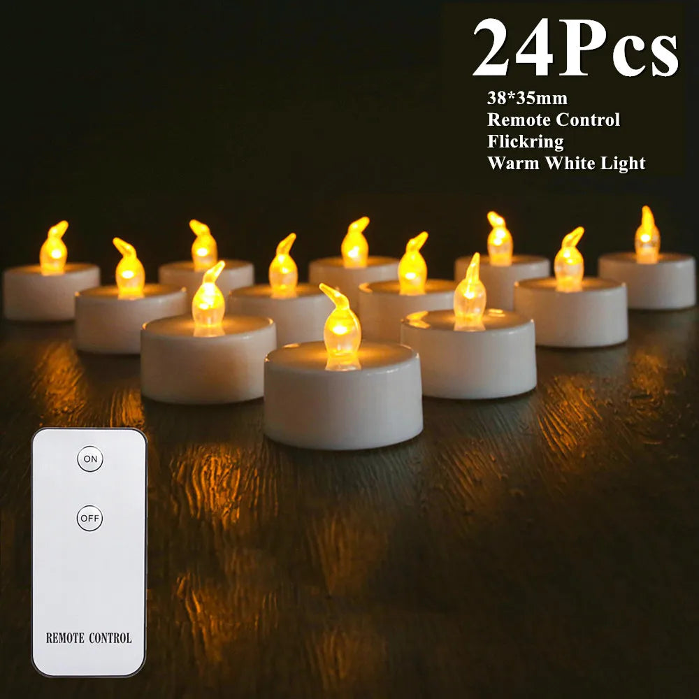 12-24 PCS Set Large Built-In Timer LED Flameless Flickering Small Round Tea Light Candles /Batteries Included-Button Batteries Type-CR2032/Color-White/Yellow