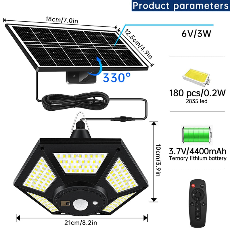 Black-White Colors Outdoor 180 Cool LED Beads Split Design Remote Control Adjustable IP65 Protection Dimmable Solar Lights/Motion: 5 Lighting Modes