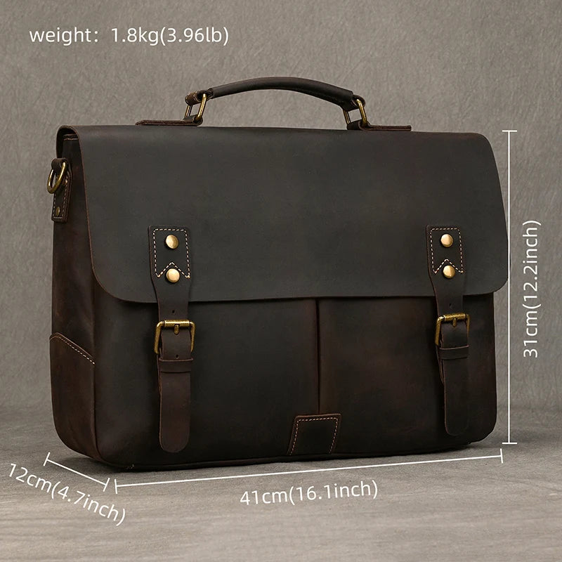 Luufan Brown Men Cow Leather Briefcase Zipper Bags/Handles-Shoulder Straps/Built-In Laptop Compartment/Fits 14 Inch Laptop