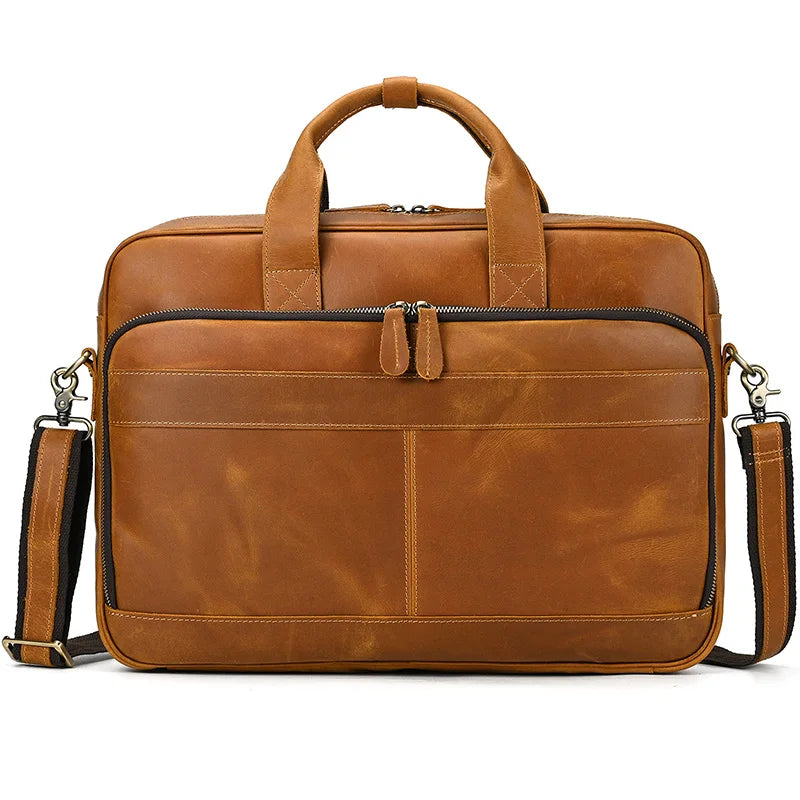 Men Real Cow Leather Briefcase Laptop Bags/ Fits 15.6 Inch Laptop/Handle-Shoulder Strap/Laptop Compartment/External Pockets/Colors-Black/Brown