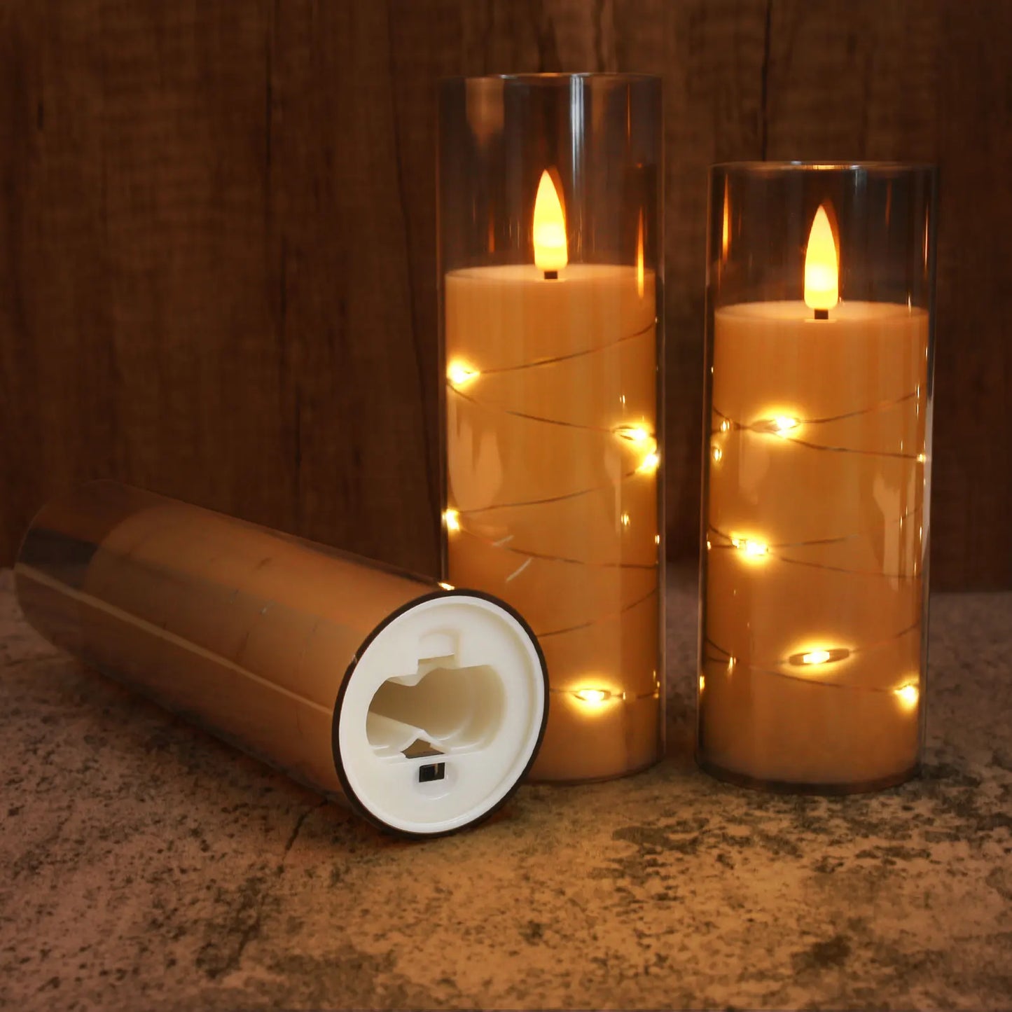 5 PCS Set LED Embedded Star String Detailing Round Pillar Flickering Flameless Candles /Timer Remote/Changeable Wick/Colors-White/Brown/Gray/Orange