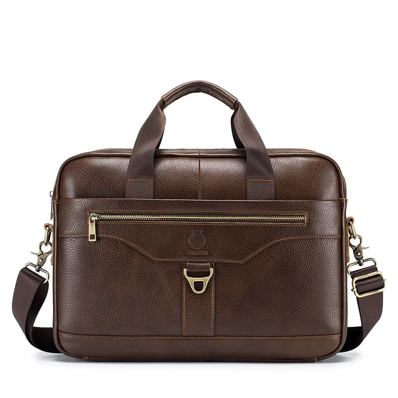SCHLATUM Men Brown-Black Cowhide Leather Rectangle Shaped Two Handles-One Shoulder Strap Silver Metal Zipper Polyester Lining 15.6 Inch Single Laptop Compartment Briefcases /Colors-Black/Brown