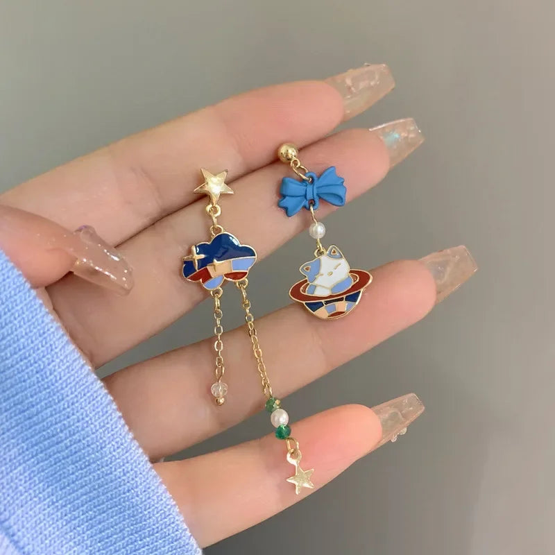 Women-Teen Girls Metal Long Tassel Asymmetrical Enamel Needle Cute Cartoon Cats Coffee-Teacup Dangle Drop Fine Imitation Earrings/Colors-Green/Multicolor/Geometric/Animals