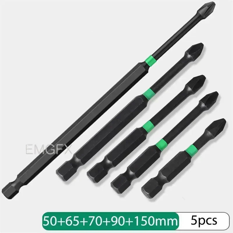 EMGFX 5 PCS Set Mechanic Design Impact Resistant Phosphating Black-Green Coating Alloy Steel Phillips Screw Head Low Magnetic Screwdriver BITS For Drills