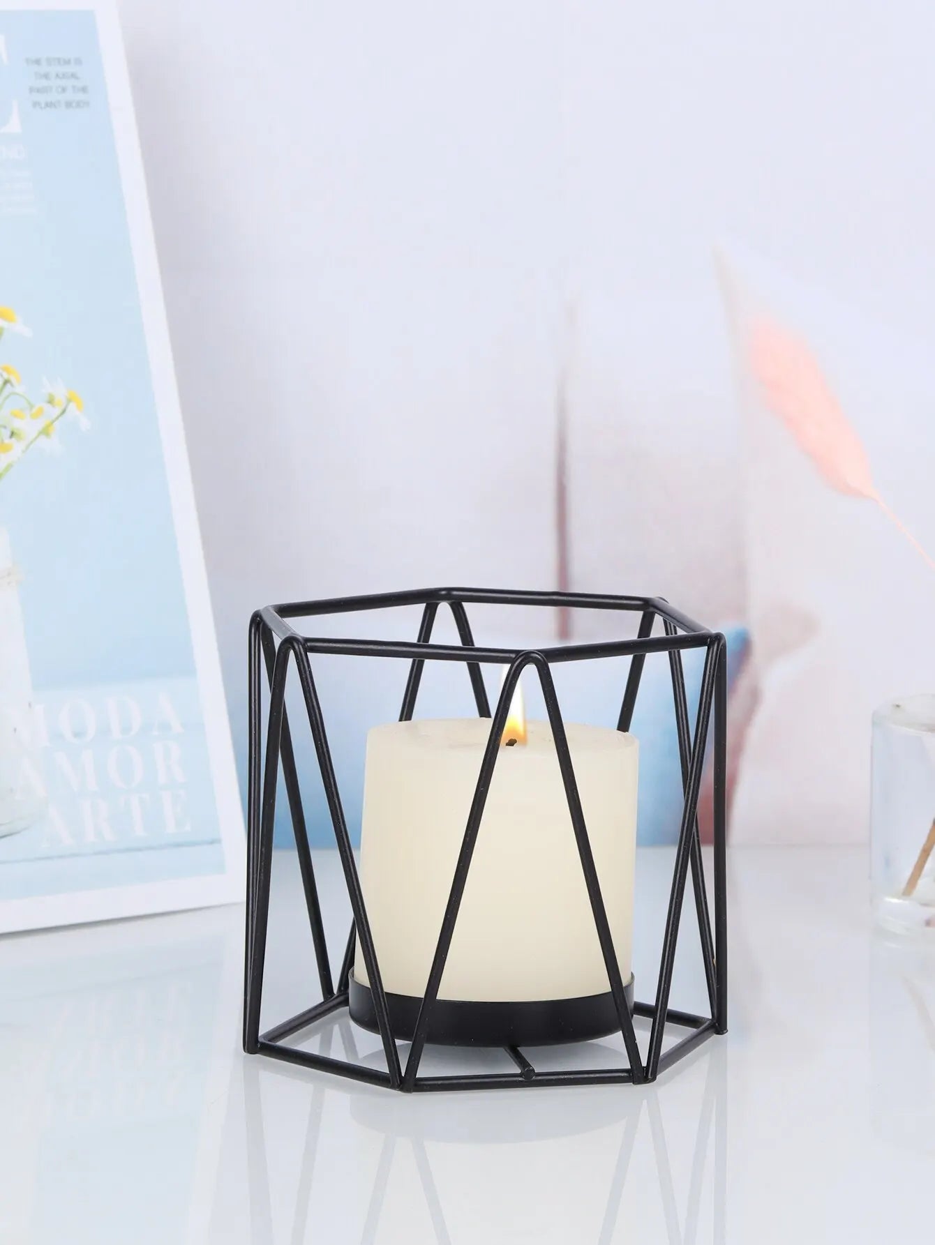 Black Indoor Rounded Edges Nordic Iron Art Geometric Cup Candle Big Tealight Self-Operated Candleholders/Batteries Not Included