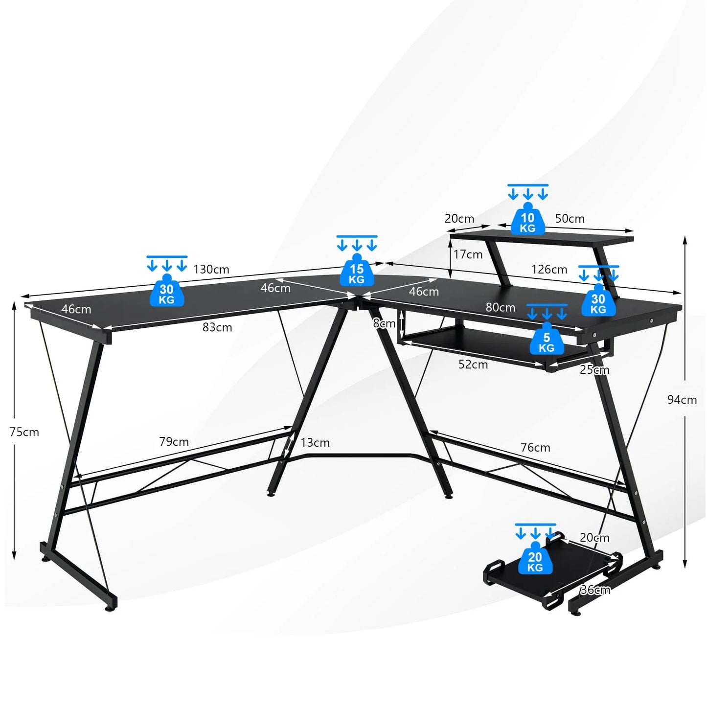 GOFLAME Black Colored L-Shaped Steel MDF Wood Computer Desks/ Movable Host Stand/Dimension of Desk: 130 x 126 x 94 cm (L x W x H)