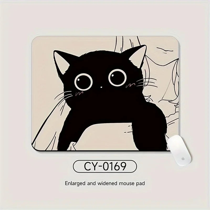 Small Rectangle Non-Toxic Cartoon Kawaii Black Cat Animal Illustration Fabric Washable Non-Slip Rubber Lock Edge Gaming Mouse Pad