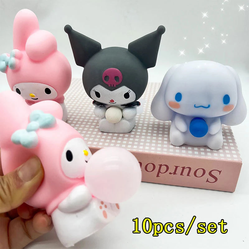 10 PCS Soft Squeezable Plastic Synthetic Silicone Cartoon Anime Sanrio Kuromi Melody Animal Anxiety-Stress Relief Toys/Ages: 13-18 Years Old Adults/Colors-Pink/White/Gray/blue/Black/Multicolor/Dots
