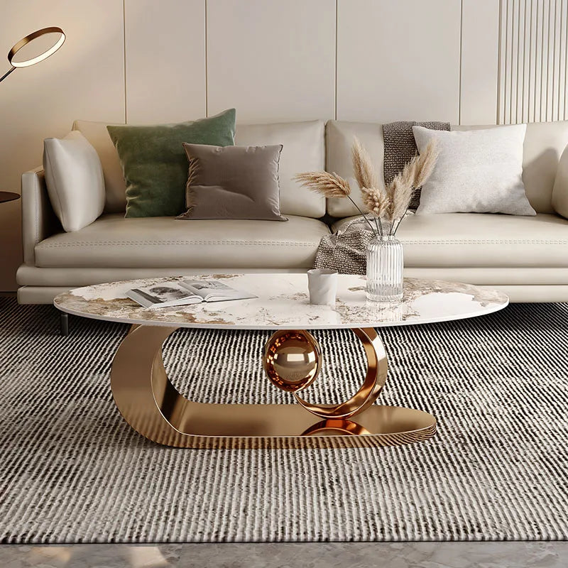 2 pcs Marble Topped Oval-Shaped Coffee Table Gold Colored Metal Base / Small Round Coffee Table Set/ Size: Oval Table 42cm H x 120/130cm W/ Size: Small Round 50cm W x 48cm H