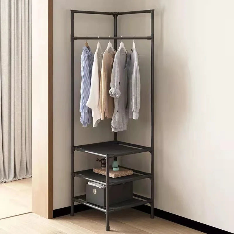 NULL Modern Black-White Hard Sturdy Plastic Tube Frame Non-Toppling Hanging Rod Top 2-3 Layer Shelves On Bottom Floor-Standing Foldable Corner Clothes Garment Racks