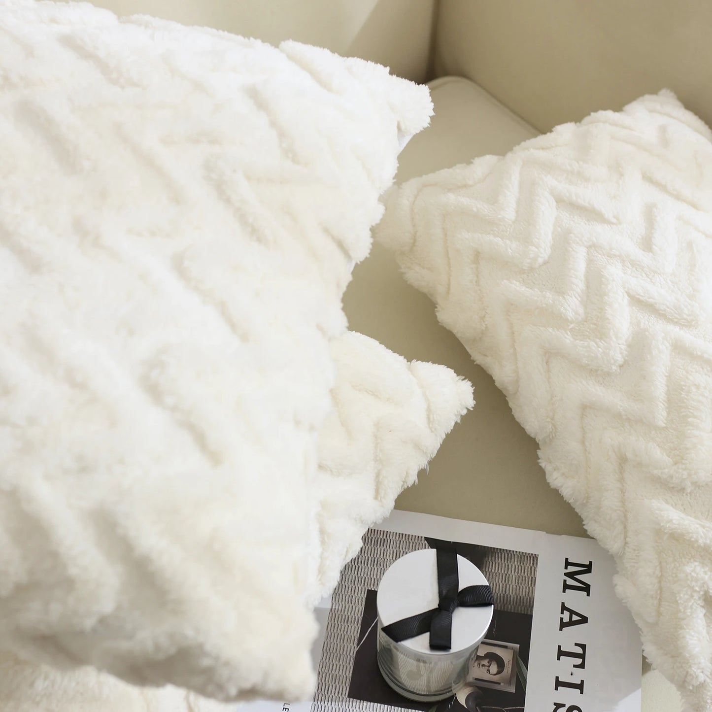 Geometric Polyester White Jacquard Square Plush Throw Pillows