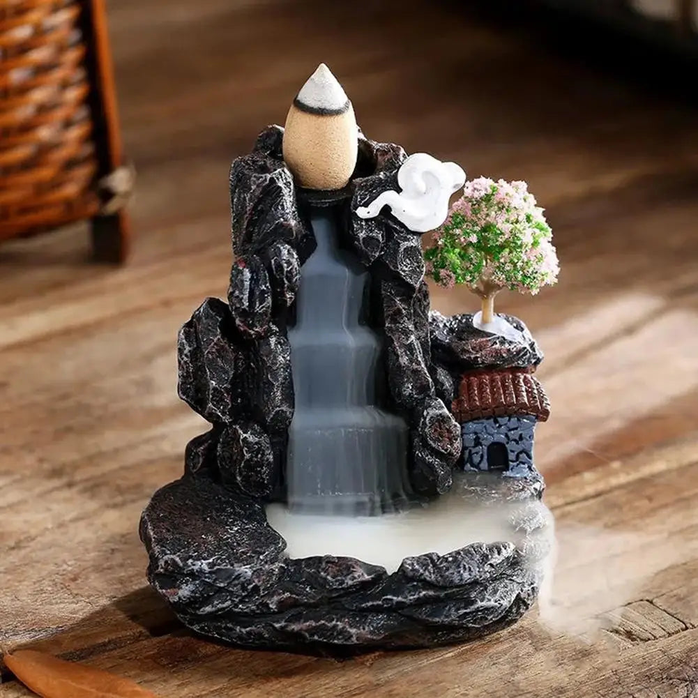 Ceramic Resin Small Village Scene Trees Rocky Mountain Terrain Brown Mill Wheel Realistic Flowing Water Backflow Incense Burner Holders/Colors-Black/Gray/Brown/Green
