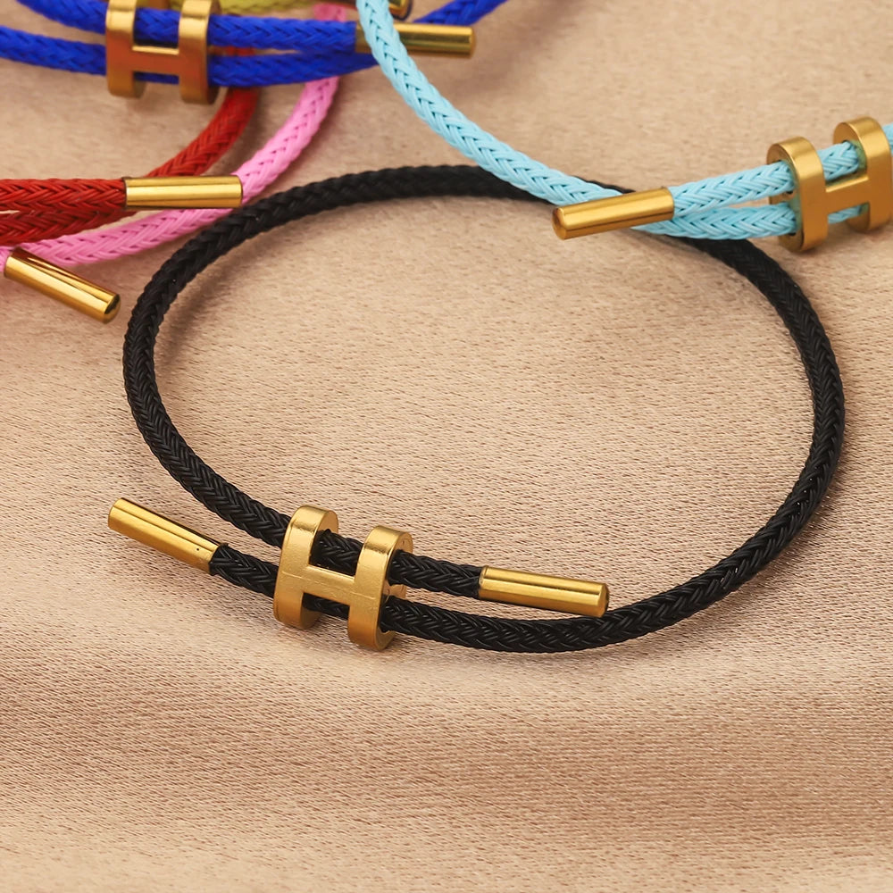 Unisex Round Stainless Steel Adjustable Braided Wire Rope Charm Vacuum Plated 18k Gold Toggle-Clasps Bracelets/Colors-Blue/Pink/Green/Red/Geometric