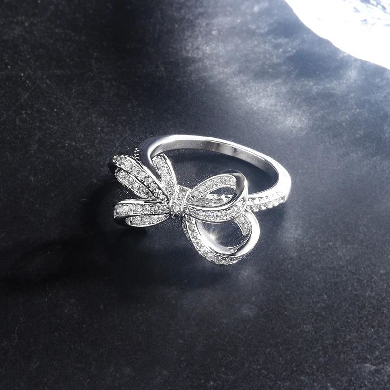 Adult Women Zircon Clear Diamond Stone Sterling Silver Metal Bow Shaped Fine Jewelry Cocktail Design Engagement Rings