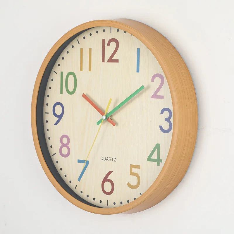 12 Inch Quartz Round Wood Silent Movement Wall Clocks w/Colorful Hands/ Colorful Numbers/Size: 29.5cm H x 4.2cm W/Plastic Materials Inside/ Runs Off 1.5V AA Battery / Battery Not Included