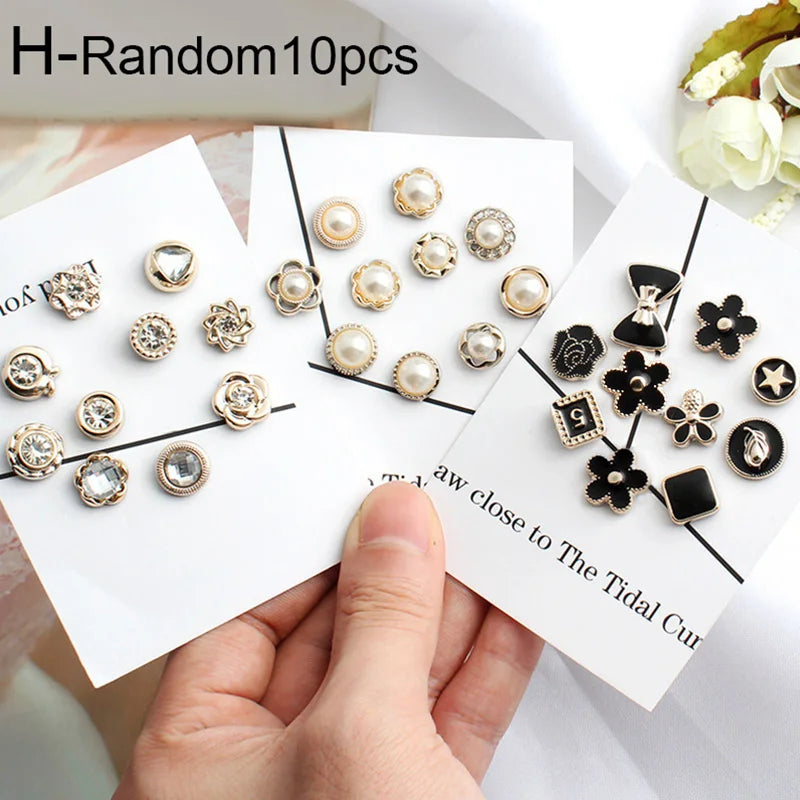 10pcs Button Brooch Set Imitation Pearl Rhinestones Pin Coat Clothes Accessories Gift Prevent Exposure Brooches for Women