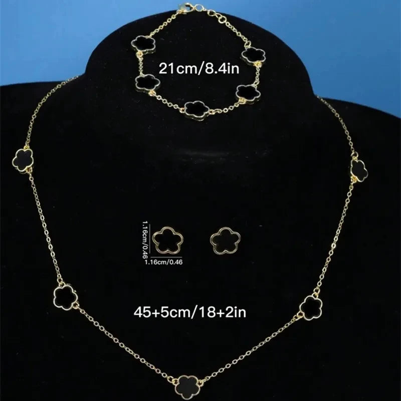 3PCS Set Imitation Zinc Alloy Lucky Five-Leaf Clover Jewelry Sets/Necklace-Bracelet-Earrings/Colors-Floral/Gold/Black/White/Silver
