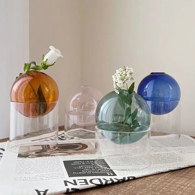 Mini Nordic Tabletop Borosilicate Glass Ecological Round Bottle Vases/Colors-White/Orange/Blue/Clear