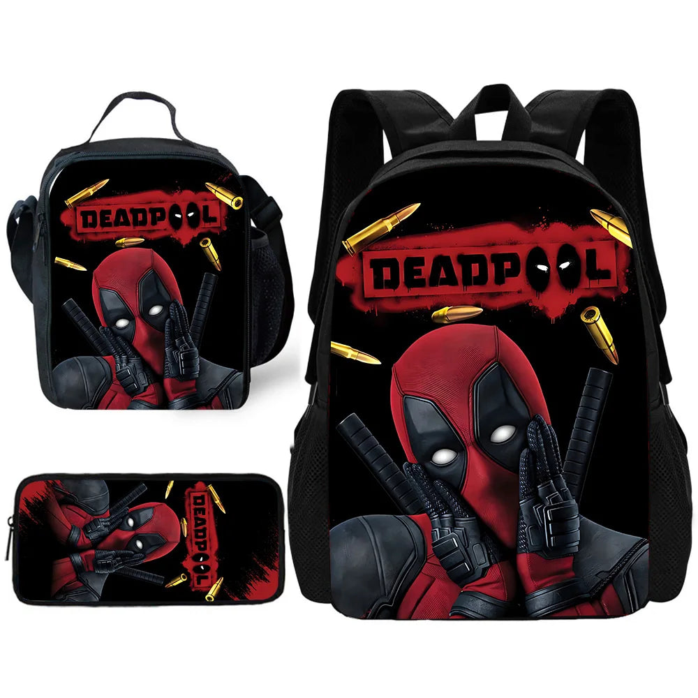 MINISO 3 PCS Waterproof Curved Back Nylon Fabric Cartoon Smiling Critters Super Hero Adjustable Straps-One Handle School Backpacks /Lunch Bags/Pencil Bag/Tablet Inserting Pocket/Water Bottle Pocket/Colors-Red/Black/Purple/Multicolor