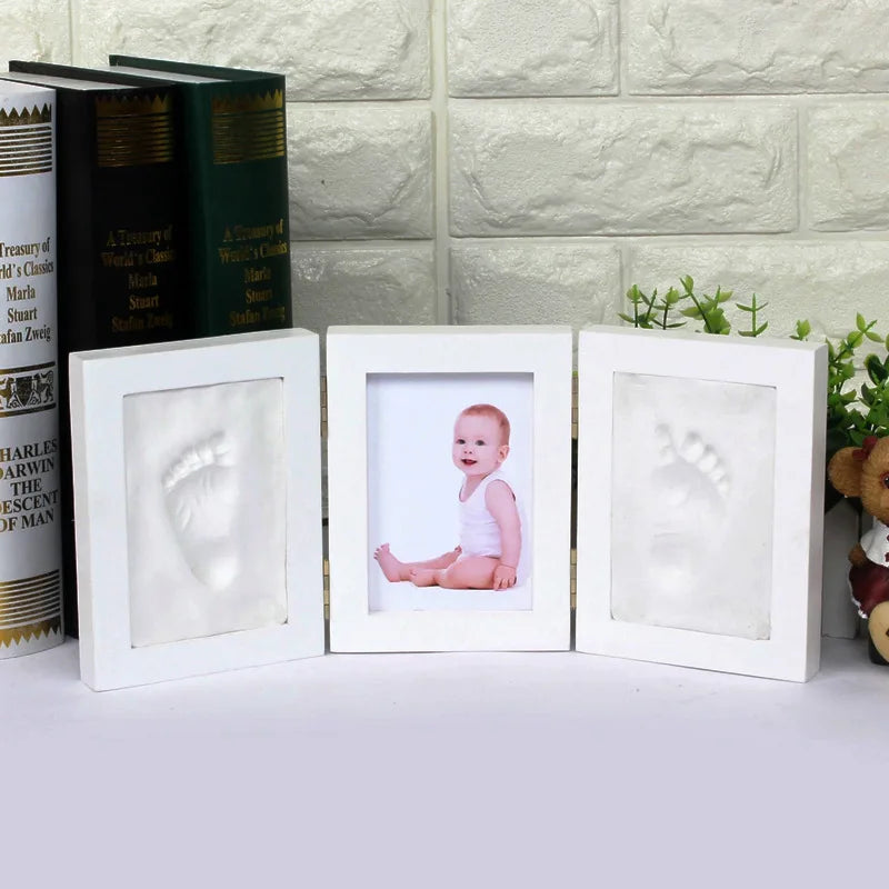 Newborn-3 Years Old White Solid Pine Tri-Fold Ink Pad Creating Hand-Foot In Plaster Of Paris Cement Print Keepsake Photo Frame