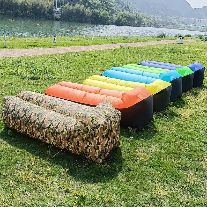 Outdoor Waterproof Inflatable Banana Shaped Oxford Cloth Polyester Fabric Lazy Pillow Air Sofa /Size: 200 x 240x 70cm/Weight Limit 400 kg (881 lbs)/Colors-Blue/Black/Brown/Beige/Gray/Geometric/Green/Multicolor