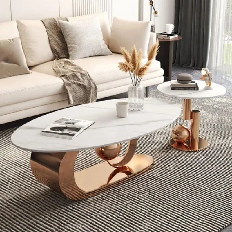 2 pcs Marble Topped Oval-Shaped Coffee Table Gold Colored Metal Base / Small Round Coffee Table Set/ Size: Oval Table 42cm H x 120/130cm W/ Size: Small Round 50cm W x 48cm H