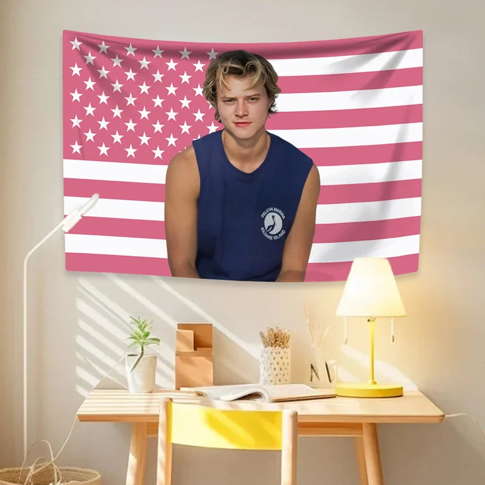 Customized Indoor Rectangle Polyester Printed JJ Outer-Banks Pink-White Flags-America Flag Tapestries/Colors-Red/White/Pink/Multicolor