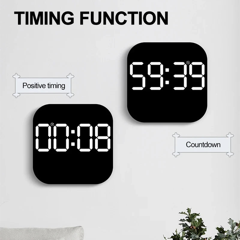 Modern USB Plug-In Black Plastic Square LED Large Digital Display Timing Function Remote Control Temperature-Week-Date Alarm Wall Clocks