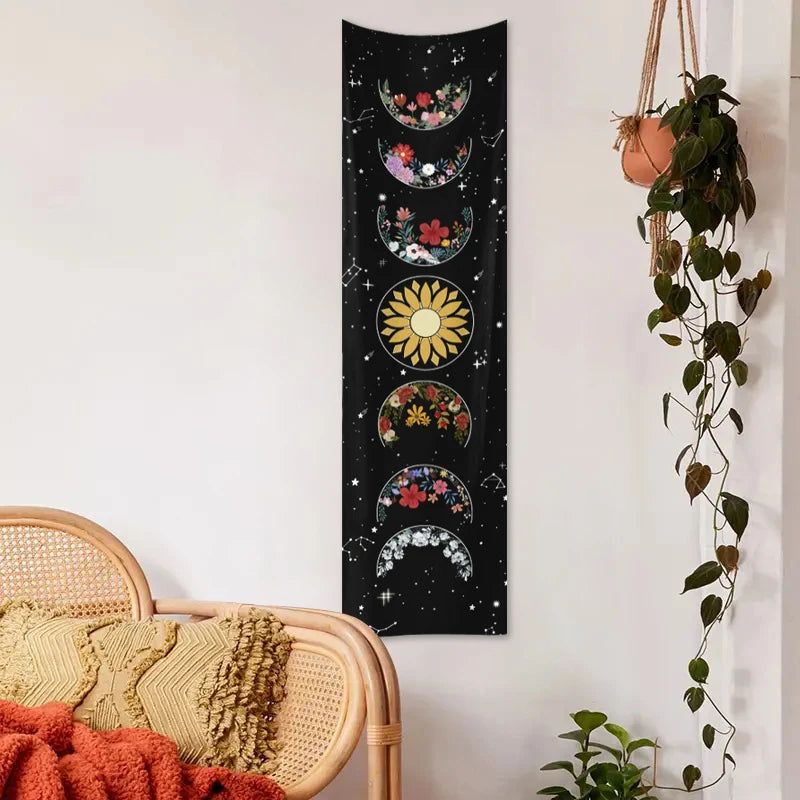 Rectangle Polyester Geometric Black Background White Printed Moon Phrase-Starry Sky Colorful Floral Wall Hanging Tapestries