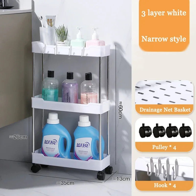 Kitchen Black-White 3-4 Tiers Shelves Non-Folding Slim Storage Plastic Carts/360 Rotation-4 Plastic Wheels/Colors/White, Black