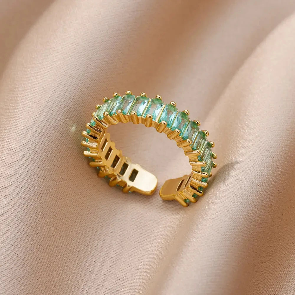 Colorful Square Zircon Anti-Acid-Alkali Stainless Steel Imitation Gold Mood Tracker Crystal Open Finger Rings/Colors-Geometric/Multicolor/Gold/Green/Red