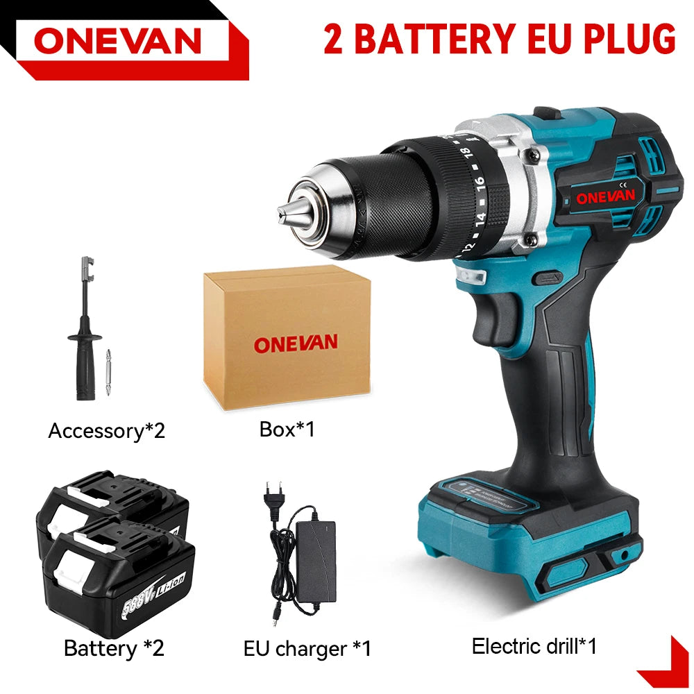 ONEVAN Multicolor Body Metal Keyless Drill Chuck Rechargeable Battery-Powered Cordless Brushless Adjustable Speed-Torque Built-In Lighting Electric Impact Drills Sets/Colors-Black/Blue/Silver/Green/Gray/Multicolor