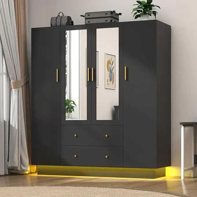 4 Door Armoire Mirrored Wardrobe Closet w/ 2-Way Remote Control LED Lighted Armoire/ 2 Drawers/Colors-White/Purple/Black/Dimensions: 19.7"D x 47.2"W x 70.1"H