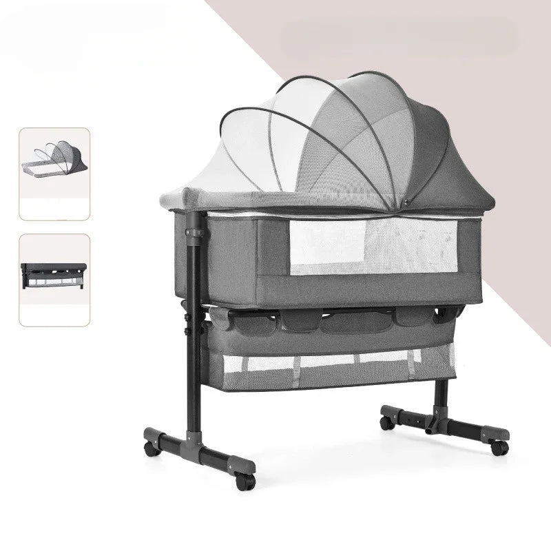 Babies-Toddlers Portable Metal Frame Adjustable Height Button Control Swinging Thick Linen Fabric Meshed Top-Sides Large Bassinet Cradle Beds/Colors-Gray/Beige/Black/White/Brown/Multicolor/Ages: 6 Months-2 Years Old