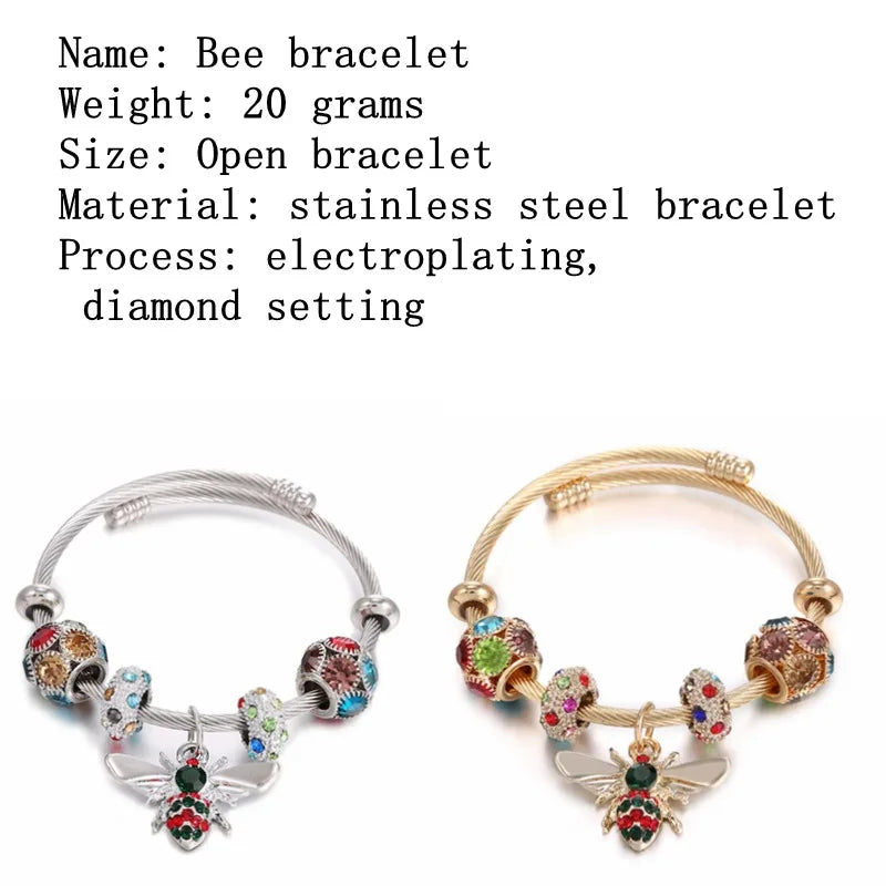 Women Round Titanium Steel Metal Inlay Imitation Crystal Rhinestone Bee Shape Gold-Black Balls Toggle-Clasps Bangle Charm Bracelets/Colors-Gold/Silver/Red/Clear/Pink/Geometric