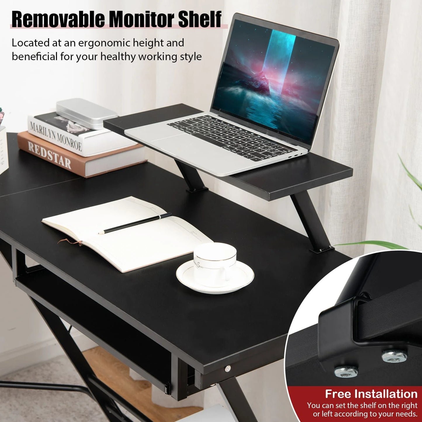 GOFLAME Black Colored L-Shaped Steel MDF Wood Computer Desks/ Movable Host Stand/Dimension of Desk: 130 x 126 x 94 cm (L x W x H)