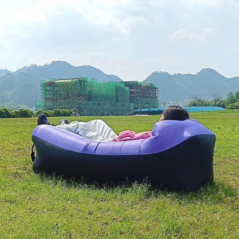 Outdoor Waterproof Inflatable Banana Shaped Oxford Cloth Polyester Fabric Lazy Pillow Air Sofa /Size: 200 x 240x 70cm/Weight Limit 400 kg (881 lbs)/Colors-Blue/Black/Brown/Beige/Gray/Geometric/Green/Multicolor