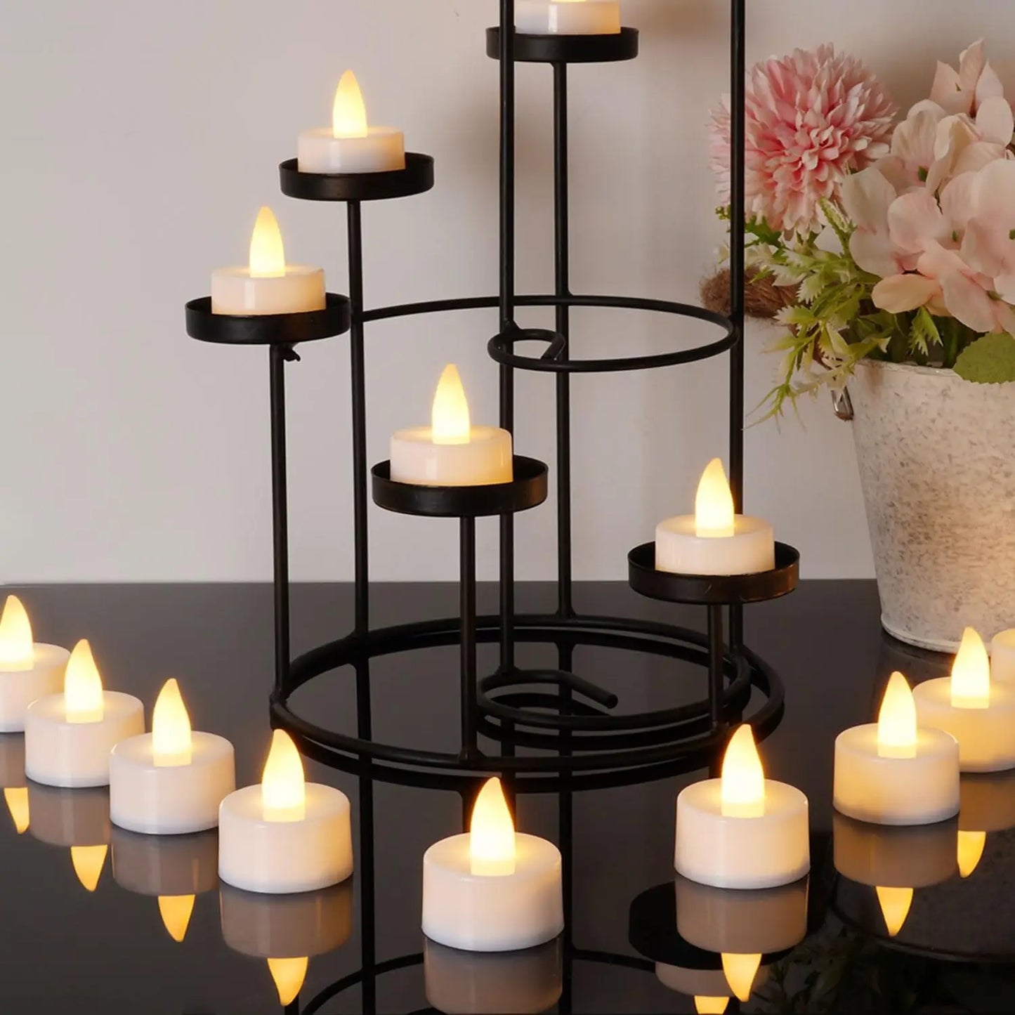 24 PCS Set Plastic Flickering Warm Flameless Small Round Tea Light Candles/Colors-White/Brown/Button Batteries-Bulbs Included