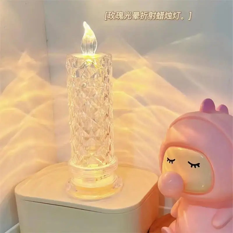 LED Plastic Crystal Glass Candle Light Simulation Flameless Rose Pattern Warm White Round Night Lights//Lithium Metal Button Batteries/No Batteries Required/Colors-Floral/Clear/Pink