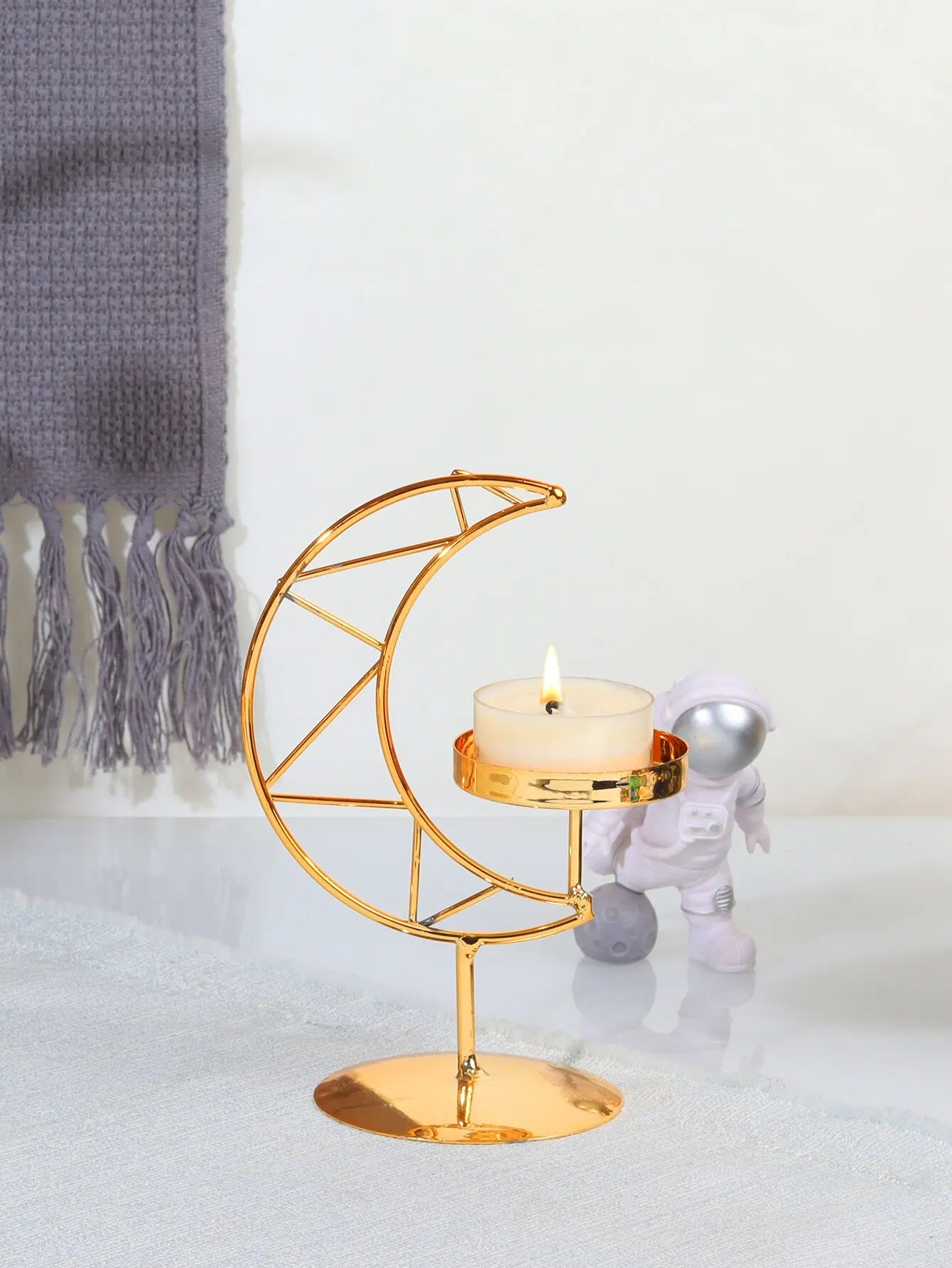 Gold Iron Colored Hanging Half-Moon Shaped Standing Small Tealight Candle Stand Holders