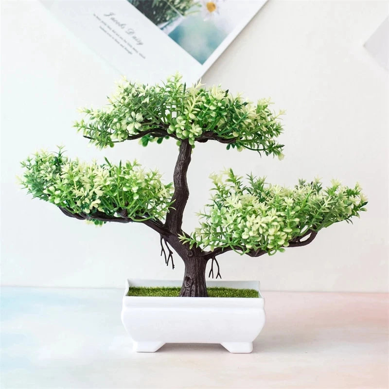 Artificial Small Bonsai Plastic Non-Flowering Plant-Rectangle Flower Pot/Colors-Floral/Green/Black/Pink