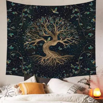 Black Background Polyester Nature Mysterious Garden Of Eden Green Tree of Life Forest-Sun-Beige Moon Spiritual Wall Hanging Tapestries/Colors-Green/Black/Beige