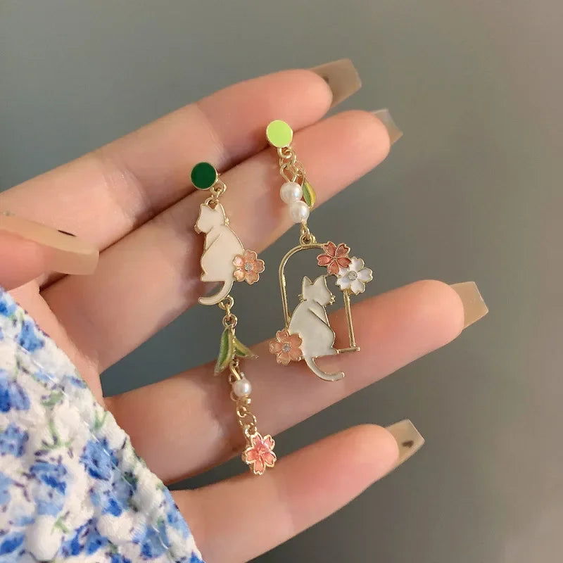 Women-Teen Girls Metal Long Tassel Asymmetrical Enamel Needle Cute Cartoon Cats Coffee-Teacup Dangle Drop Fine Imitation Earrings/Colors-Green/Multicolor/Geometric/Animals